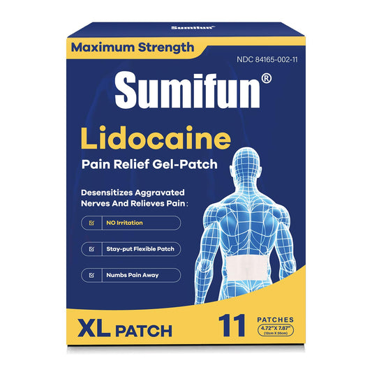 Sumifun XL patch covering the lumbar region for broad back relief.