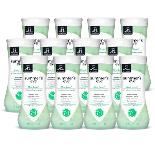 Summer’s Eve Aloe Love wash bottle demonstrating gentle cleansing for sensitive skin.