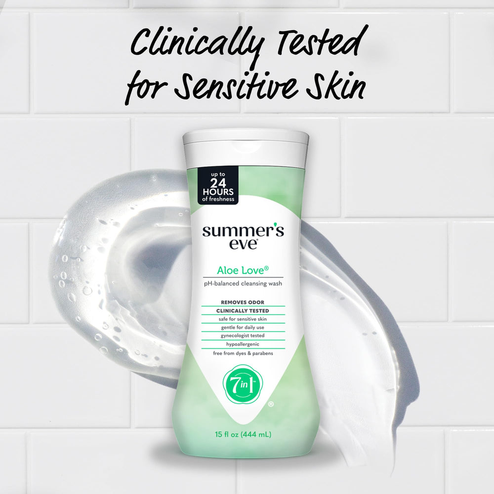 Summer’s Eve Aloe Love wash packaging on display for daily feminine care.