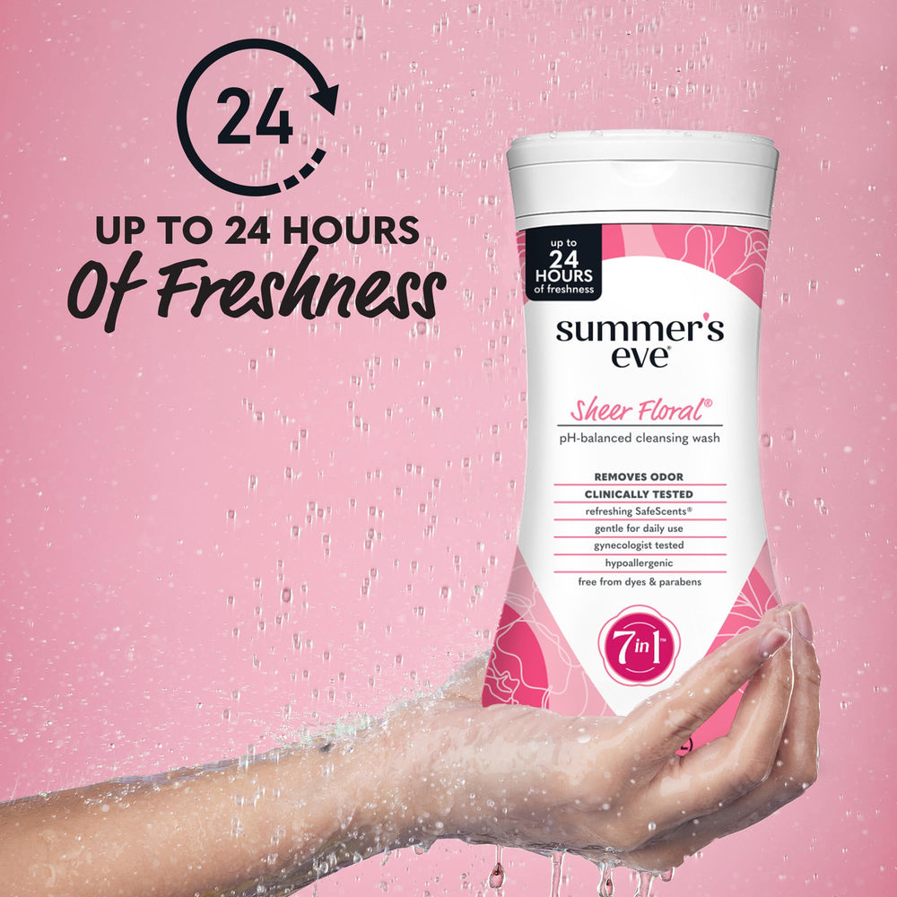 Close-up of Summer’s Eve Sheer Floral bottle with gentle lather.