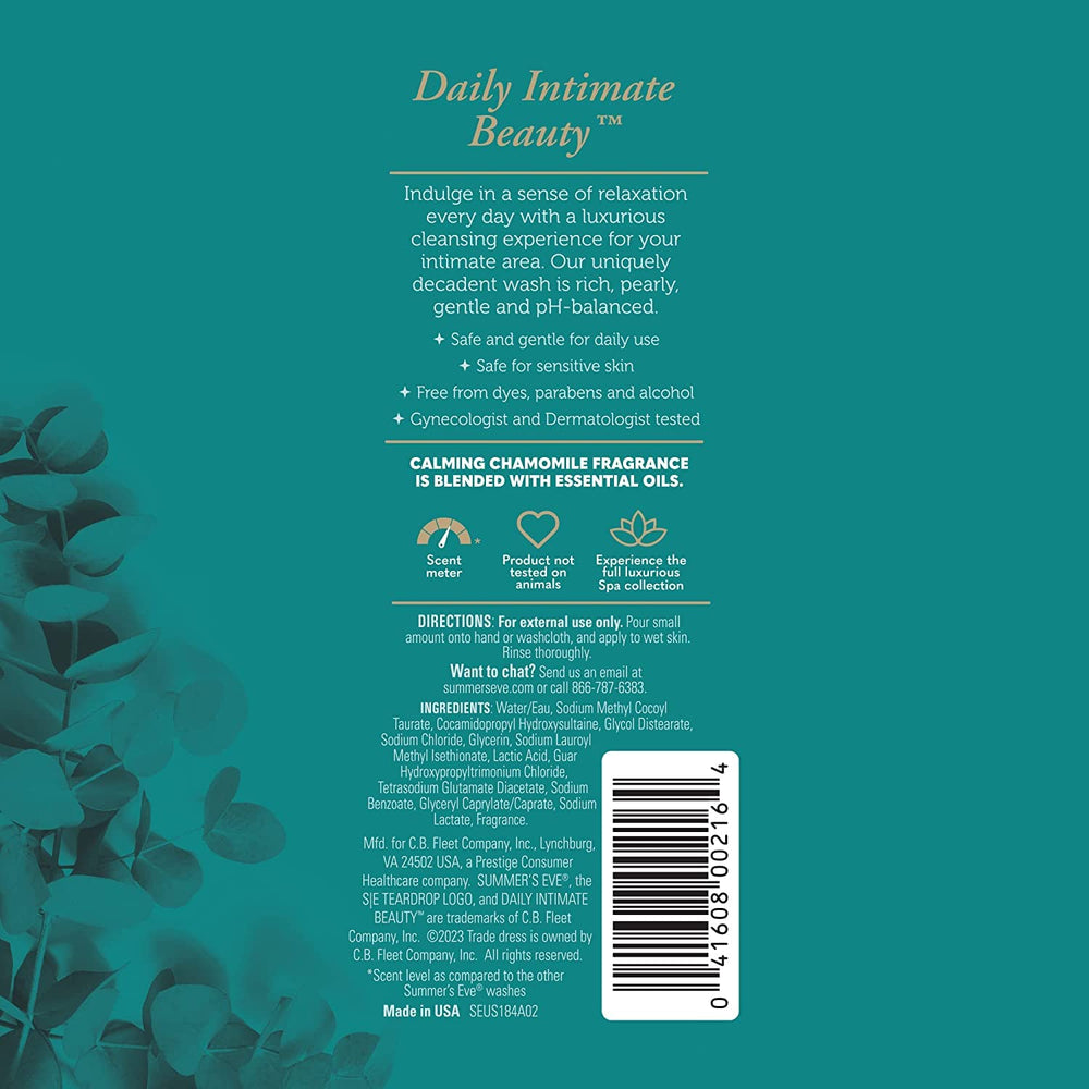 Summer's Eve Spa Daily Intimate Wash ingredients featuring chamomile