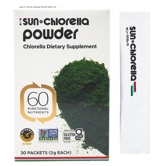Sun Chlorella powder tub with spoon for easy daily greens in smoothies