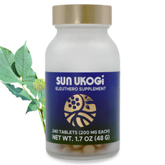 Sun Chlorella Sun Ukogi Eleuthero bottle showcases 200 mg extract for balanced energy.