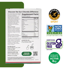 Sun Chlorella vegan non GMO gluten free stamp on packaging