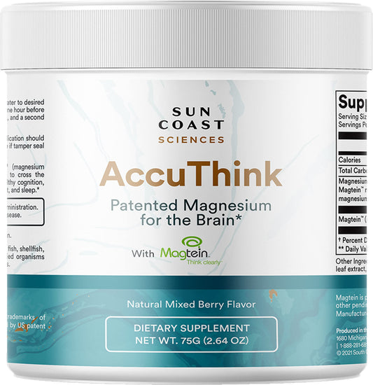 Sun Coast Sciences AccuThink bottle front promotes daily focus and brain support