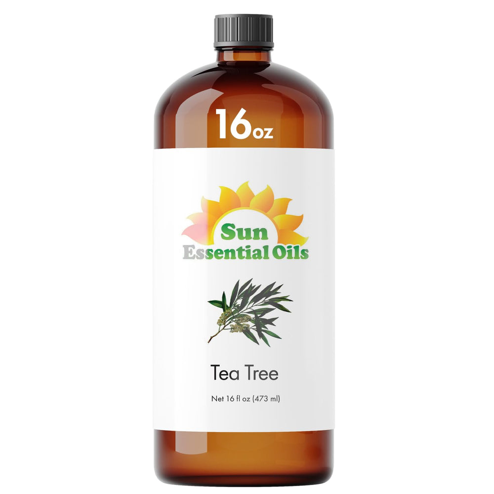 Sun Essential Oils Tea Tree Oil bottle in amber glass for skin care use.