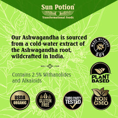 Sun Potion Ashwagandha bottle label highlights wildcrafted origin and Ayurvedic heritage.