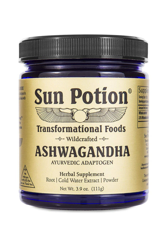 Sun Potion Ashwagandha wildcrafted bottle shows traditional Ayurvedic herb for daily balance.