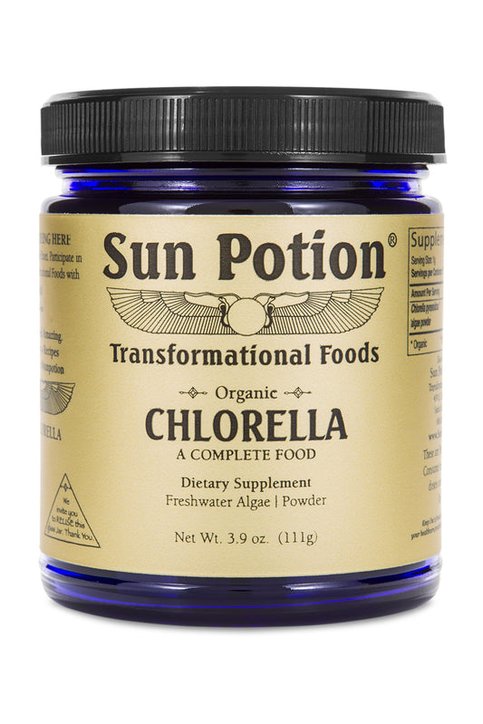 Sun Potion chlorella powder jar, premium organic greens source for daily nutrition