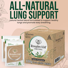 Sun Ten RespireAid sachet packaging shows convenient on-the-go lung support.