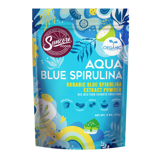 Suncore Foods Aqua Blue Spirulina powder in a bottle highlighting vibrant color boosts in recipes