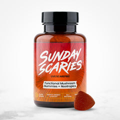 Sunday Scaries mushroom gummies bottle supports daily focus and steady energy.