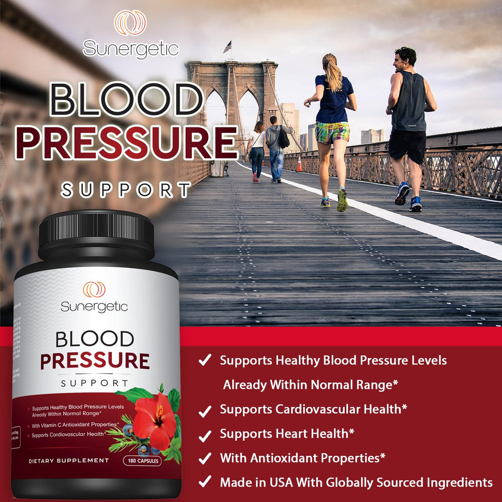 Sunergetic Premium Blood Pressure capsules in hand represent convenient daily supplementation.