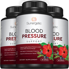 Sunergetic Premium Blood Pressure natural ingredients graphic hints at wellness benefits.