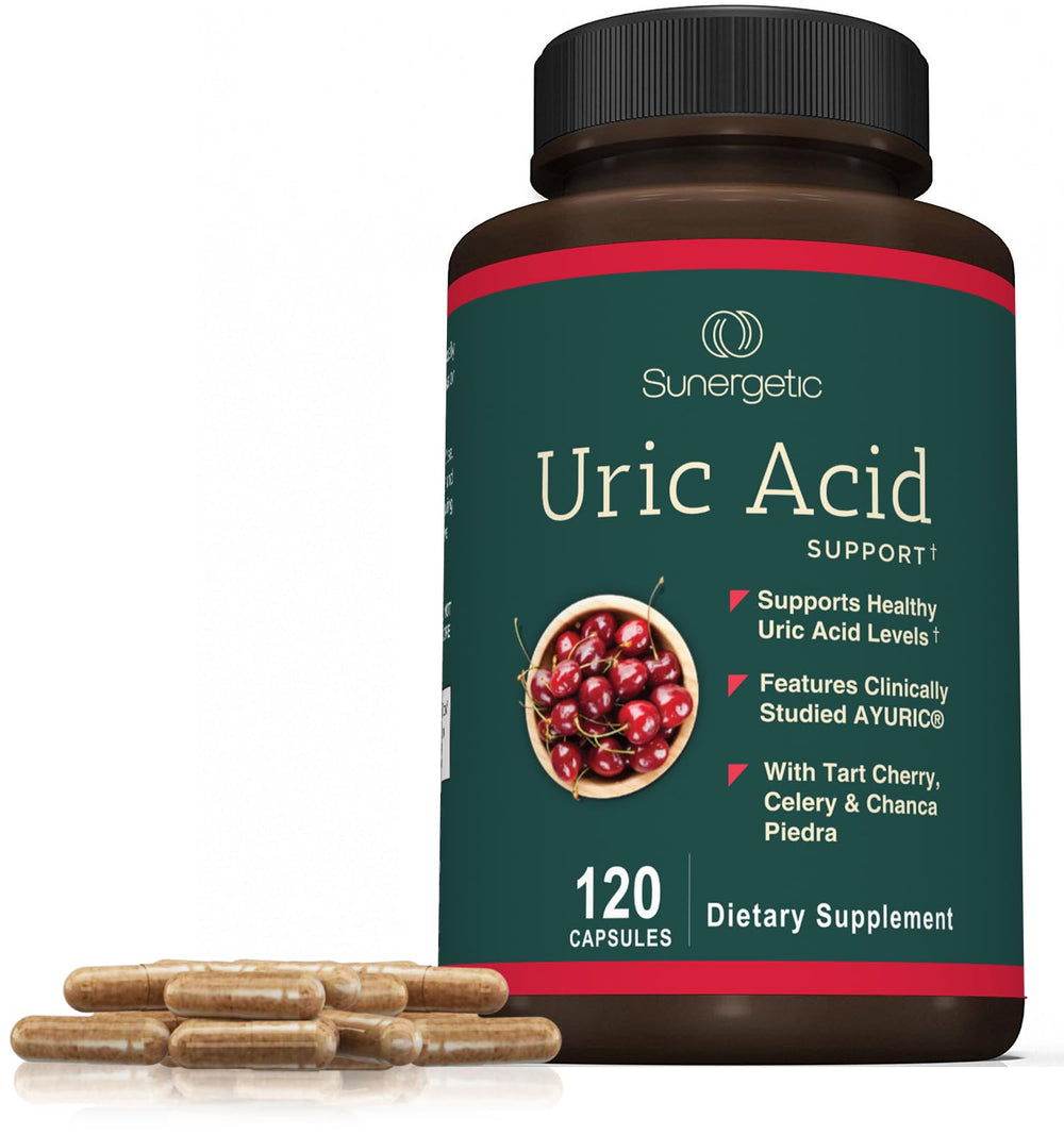 Sunergetic Uric Acid Support turmeric and ginger root imagery.