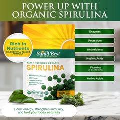 Sunlit Best Organic Spirulina tablet close-up emphasizing energy boost for daily vitality