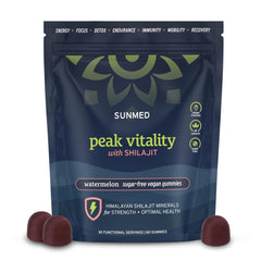 SUNMED Peak Vitality shilajit gummies bottle with watermelon flavor for daily energy support.
