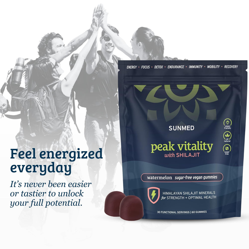 SUNMED travel pack of Peak Vitality gummies for easy use while traveling.