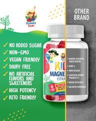 Sunny Sam bottle with label icons highlighting natural, non-GMO, gluten-free gummies