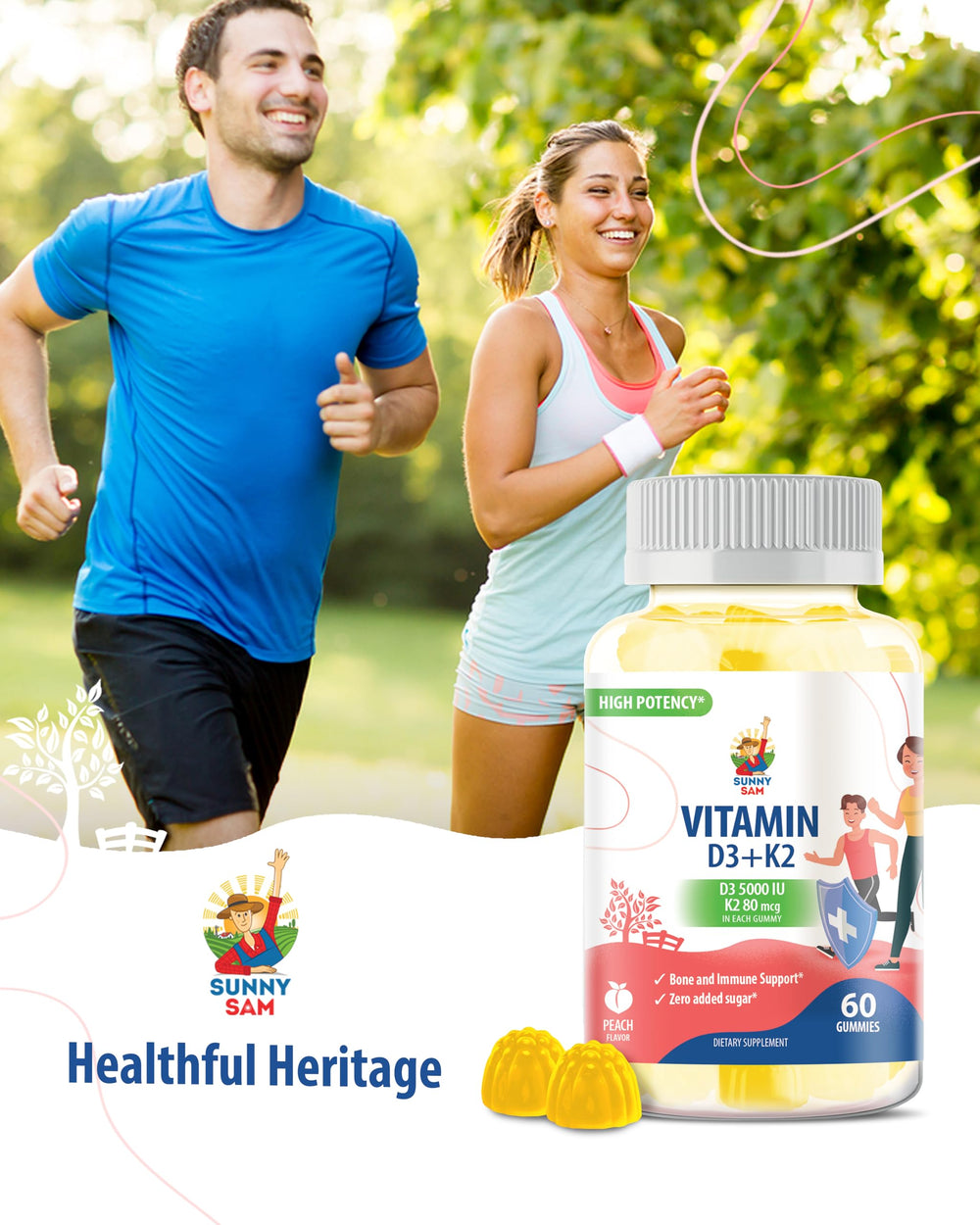 Sunny Sam peach-flavored chewables in clear blister pack.