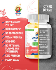 Sunny Sam MK-7 D3 K2 gummies showing calcium-directed support.