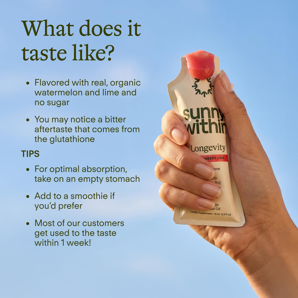 Sunny Within Longevity strawberry lime pouch for convenient daily use