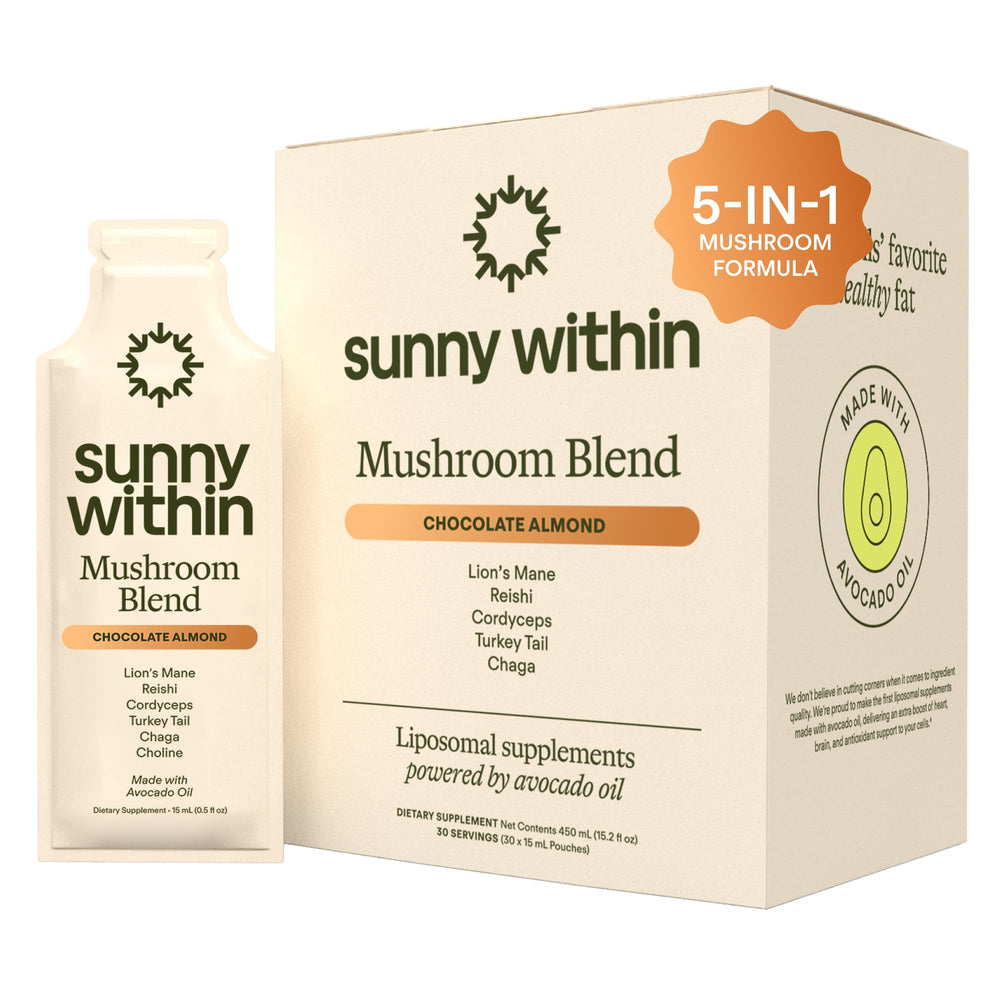 Sunny Within mushroom blend chocolate pouch for daily energy and focus.