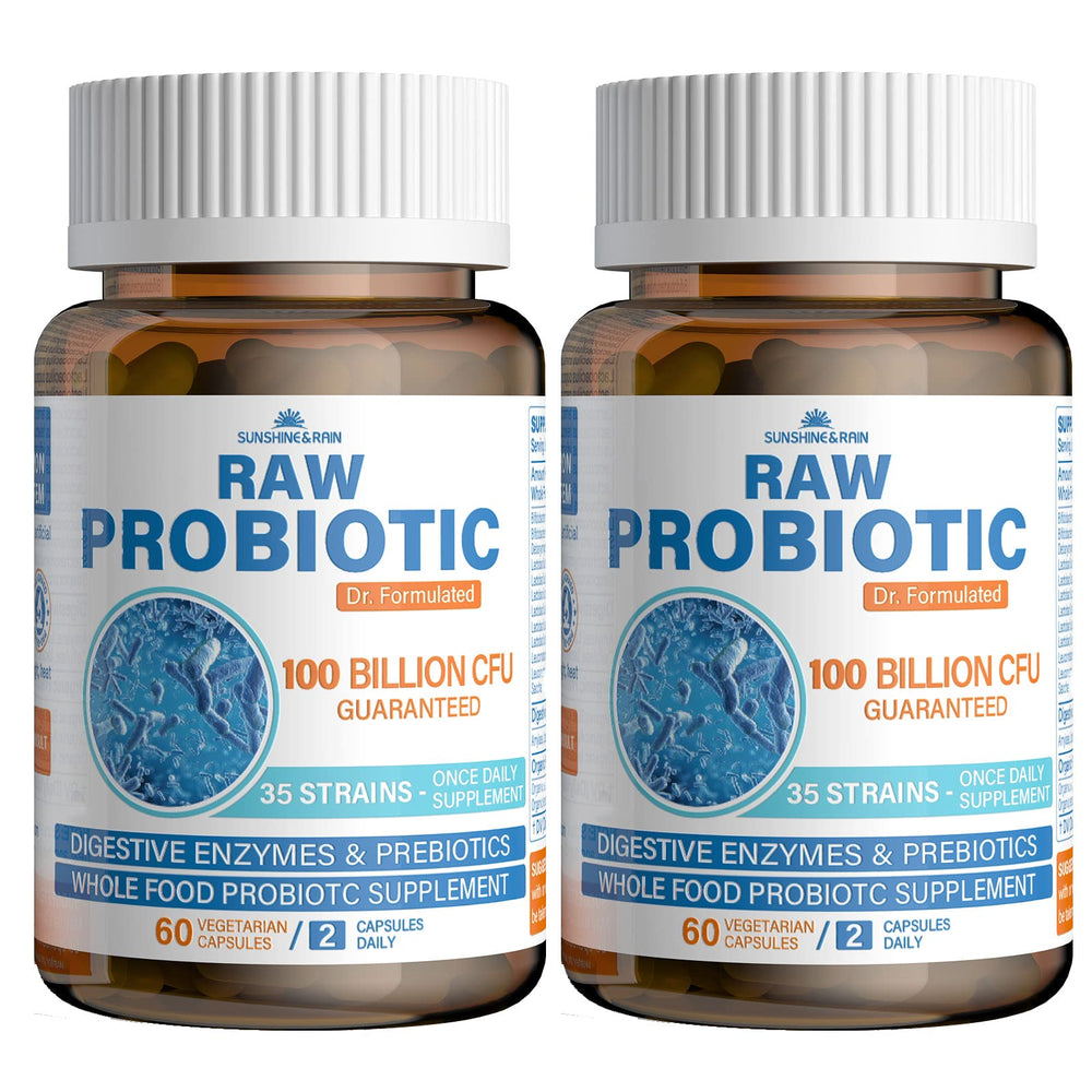 Sunshine & Rain Raw Probiotics bottle shows 100B CFU for daily gut balance.
