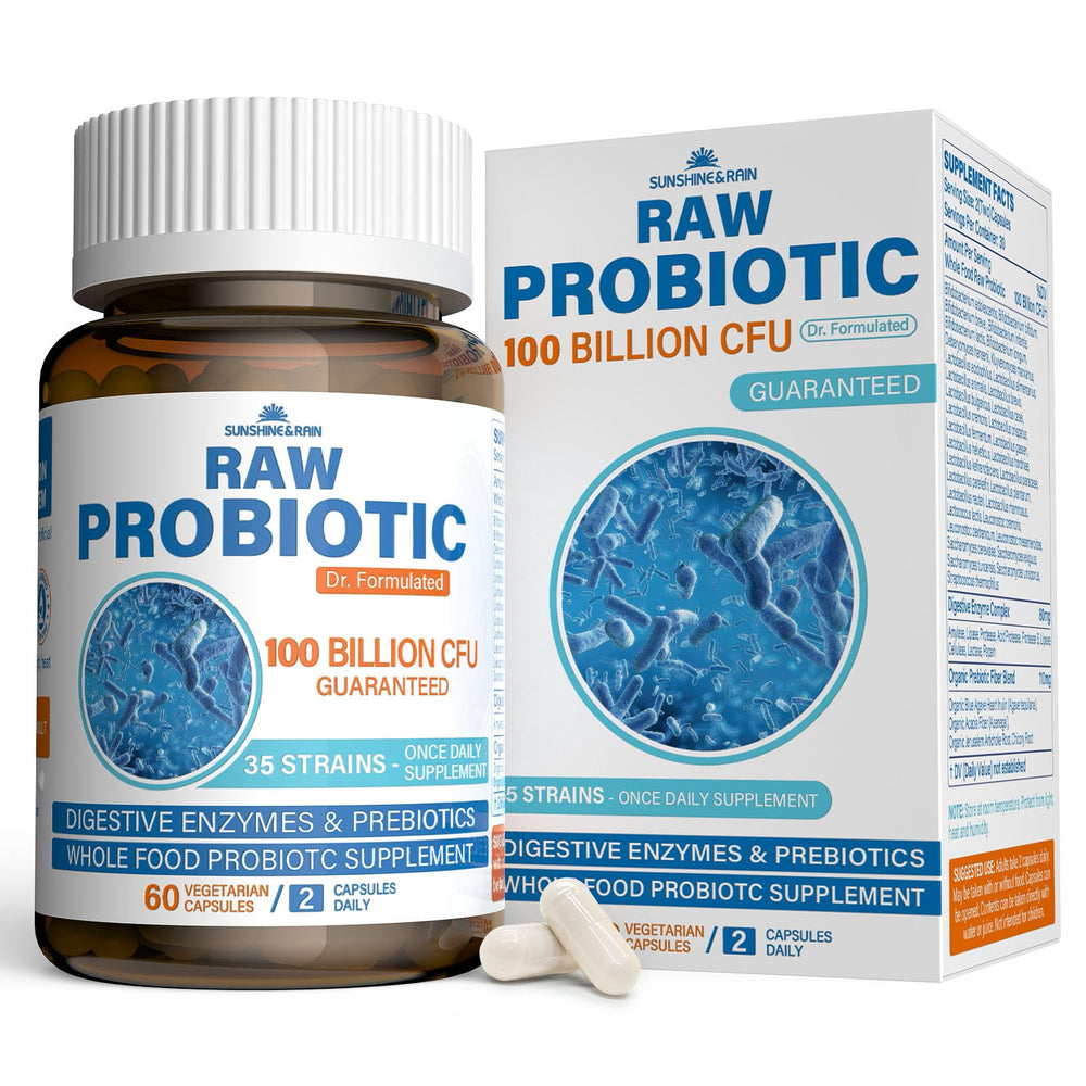 Long-lasting bottle packaging preserves potency of Sunshine & Rain probiotics.