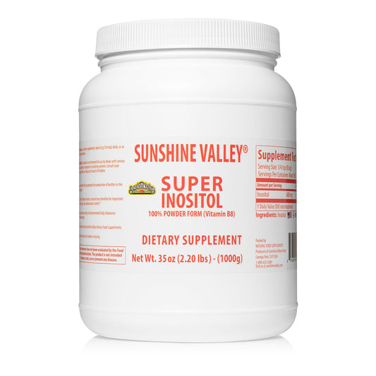 Sunshine Valley Super Inositol Powder tub close-up highlighting daily wellness support.