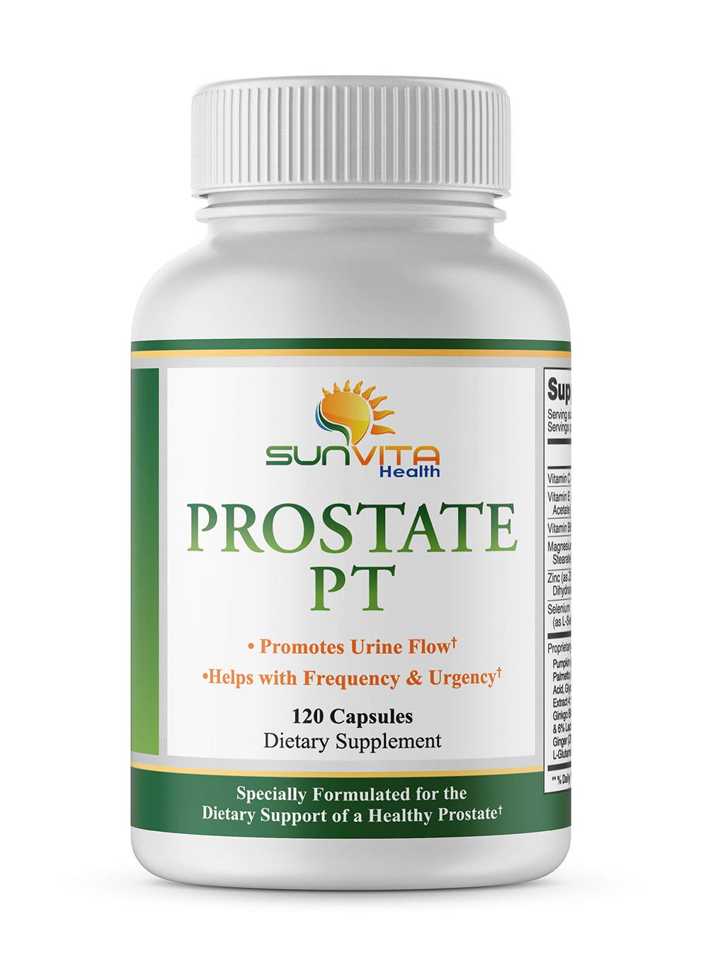 SunVita Health Prostate Formula bottle close-up showing natural ingredients for daily urinary support.