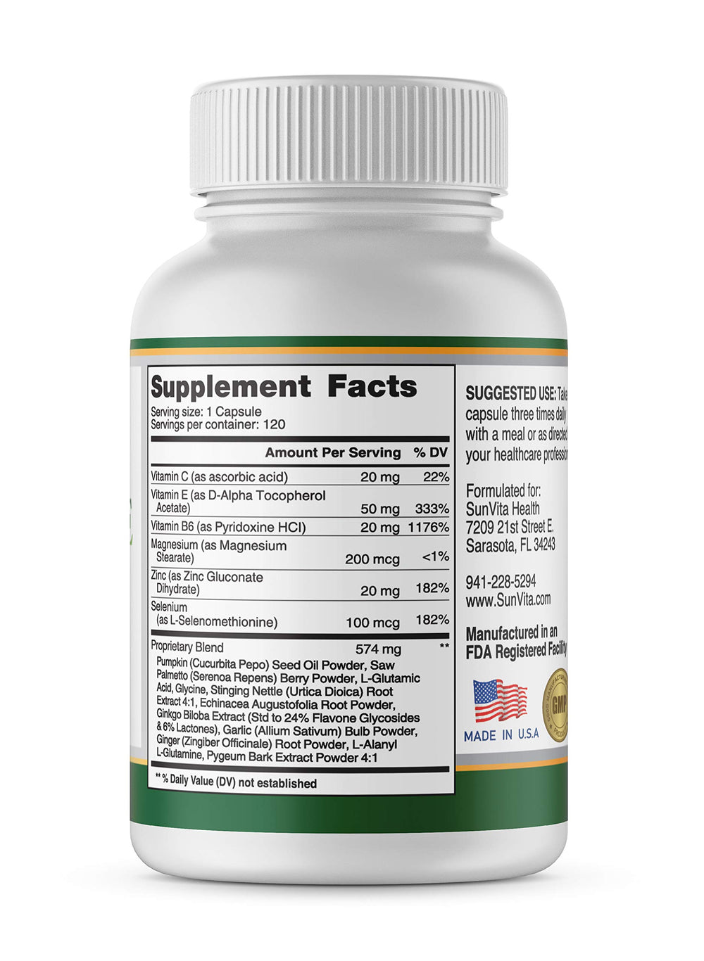 SunVita Health Prostate Formula capsules close-up with label highlighting Saw Palmetto and Beta Sitosterol for urinary comfort.