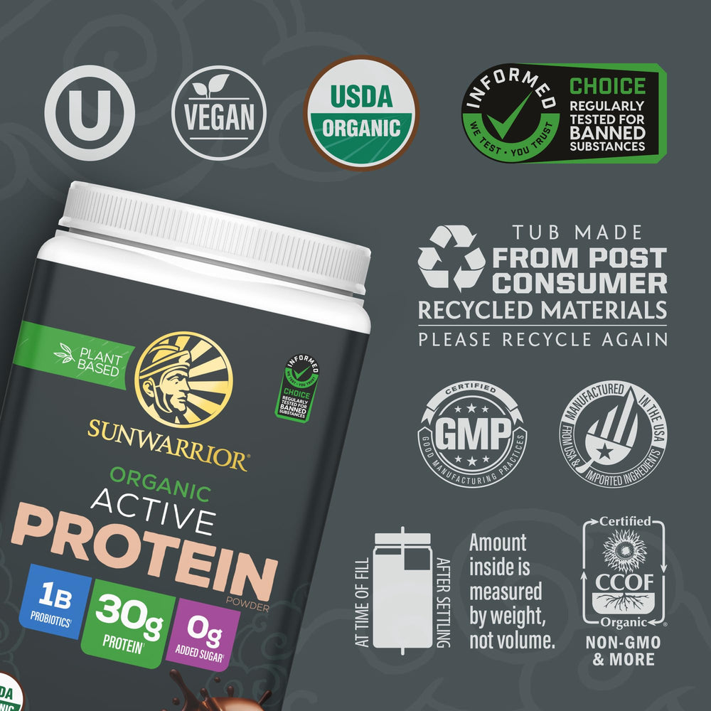 Sunwarrior active blend bottle highlights recovery-ready nutrition.