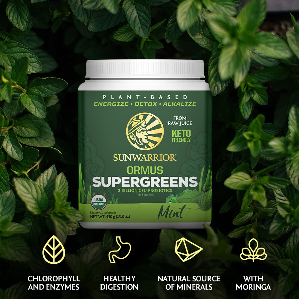 Sunwarrior alfalfa, barley and wheatgrass blend showcases natural greens vitamins.
