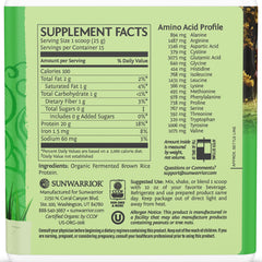 Sunwarrior brown rice protein powder label closeup highlighting vegan gluten-free ingredients.