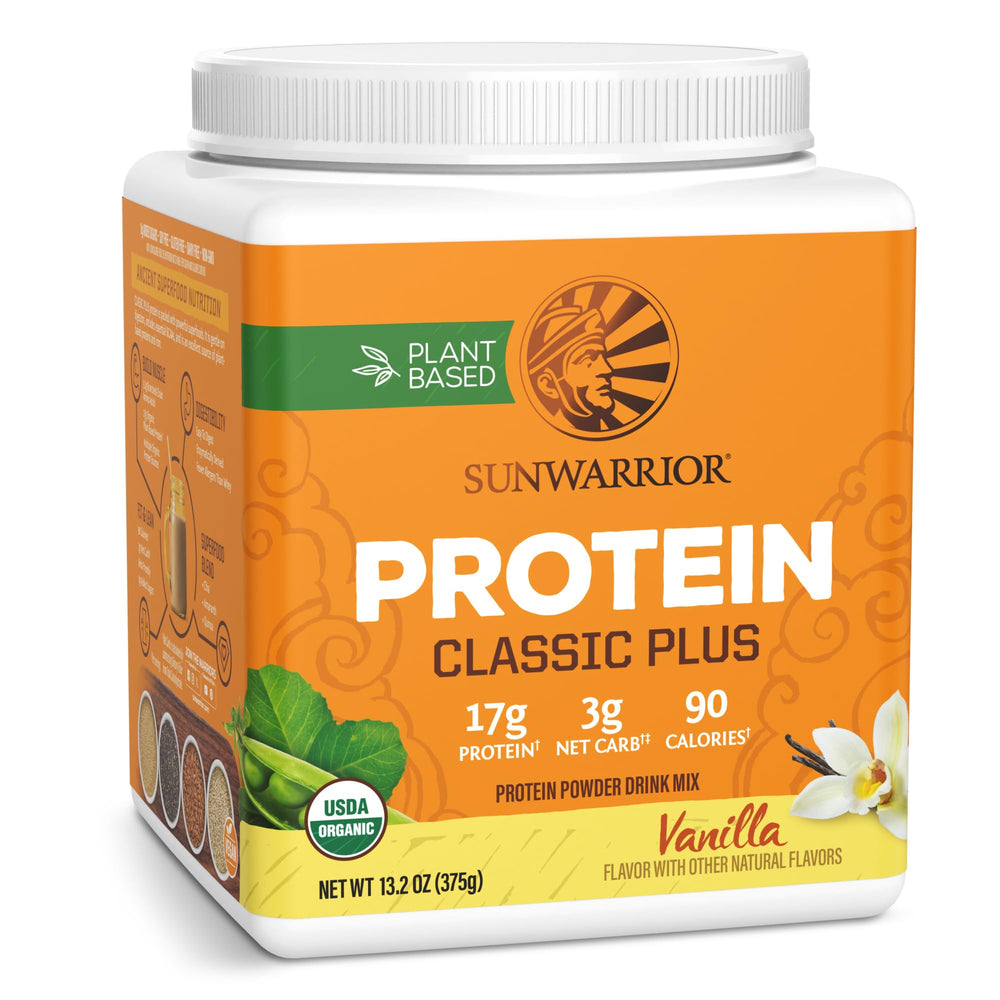 Sunwarrior Classic Plus vanilla protein tub front showing plant-based nutrition benefits