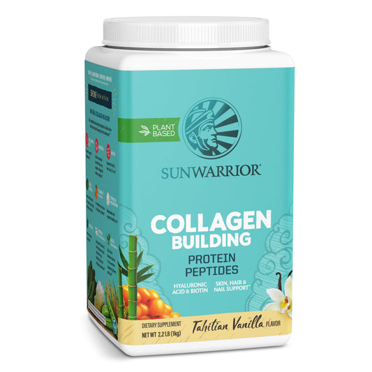 Sunwarrior Collagen Builder vanilla tub shown for daily shakes and beauty support