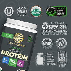 Sunwarrior nutrition label highlights clean ingredients and allergen-free profile.