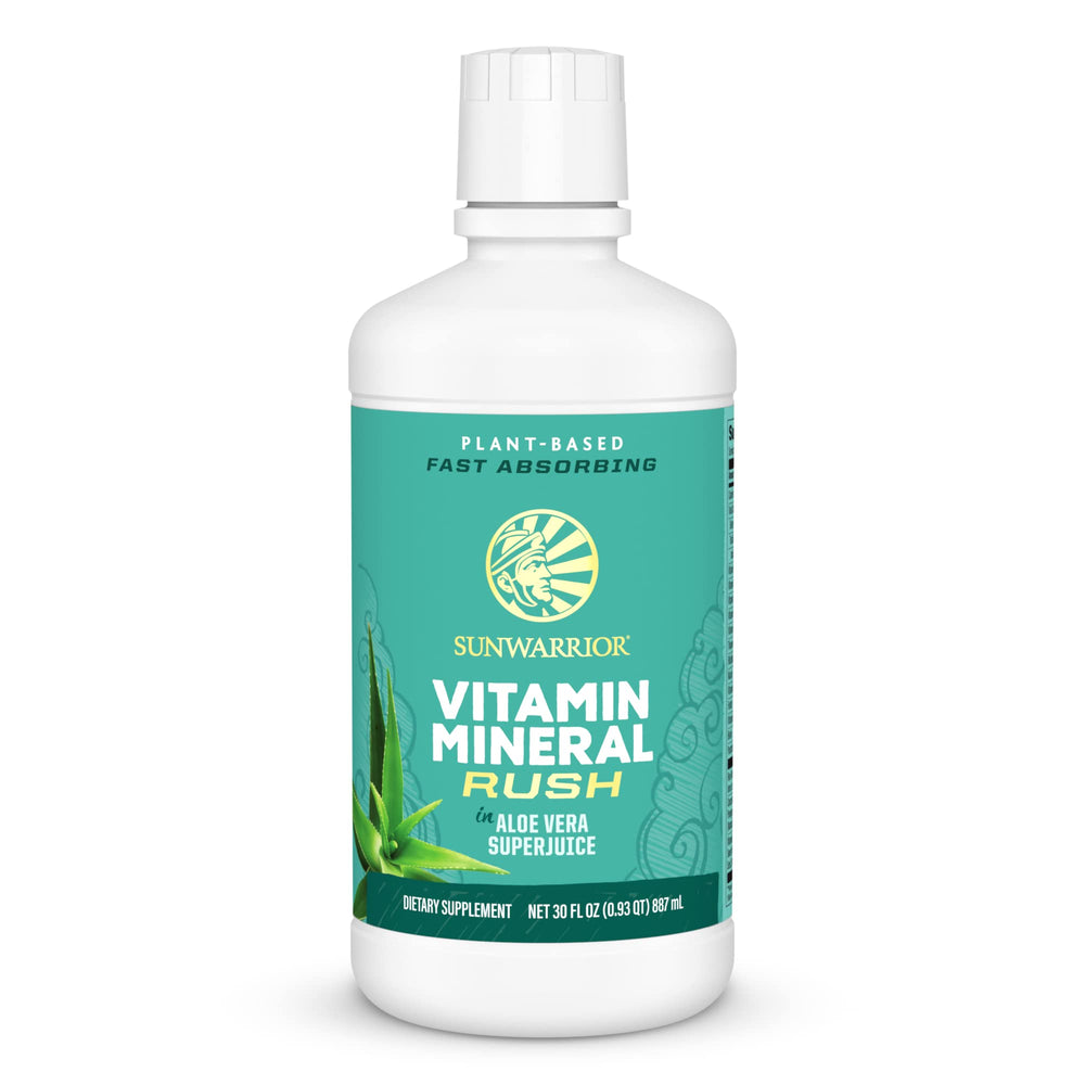 Sunwarrior liquid multivitamin bottle with clean label and plant-based nutrition.