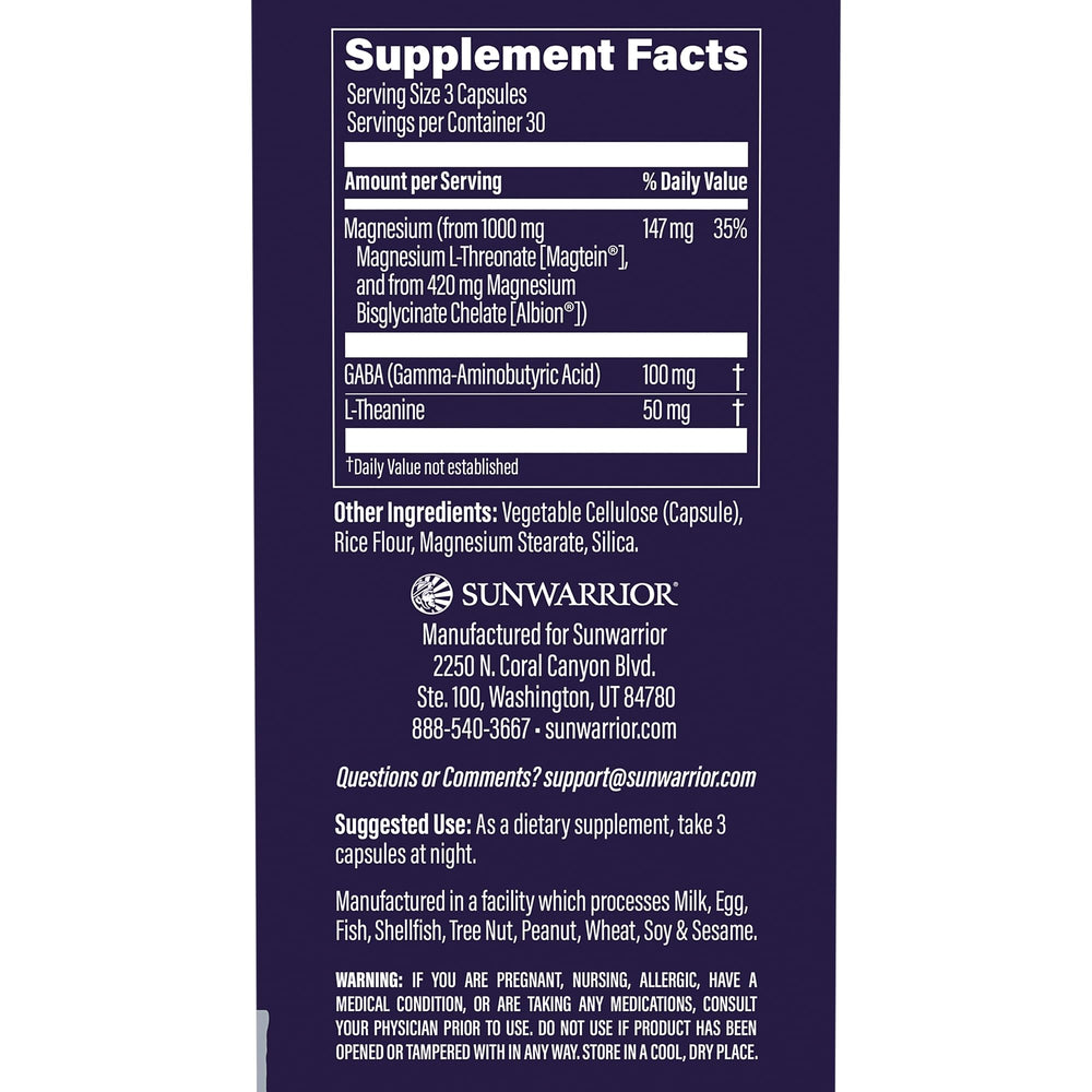 Sunwarrior capsules ingredients panel showing magnesium and theanine for relaxed focus.