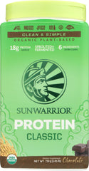 Sunwarrior chocolate shake glass suggesting creamy, dairy-free smoothie texture
