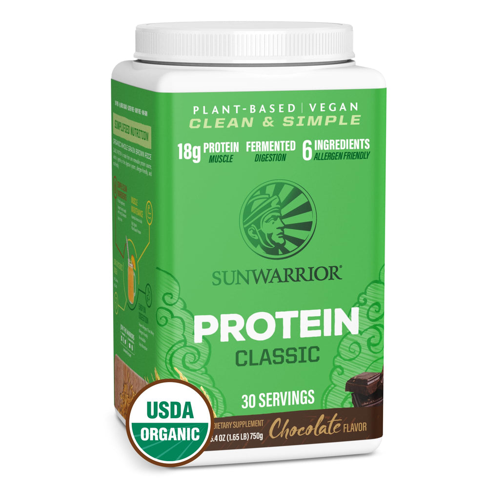 Sunwarrior Organic Brown Rice Protein Chocolate tub front showing pure ingredient quality