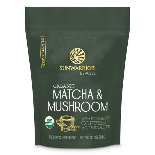 Sunwarrior Organic Matcha Mushroom Powder pouch ready for daily use.