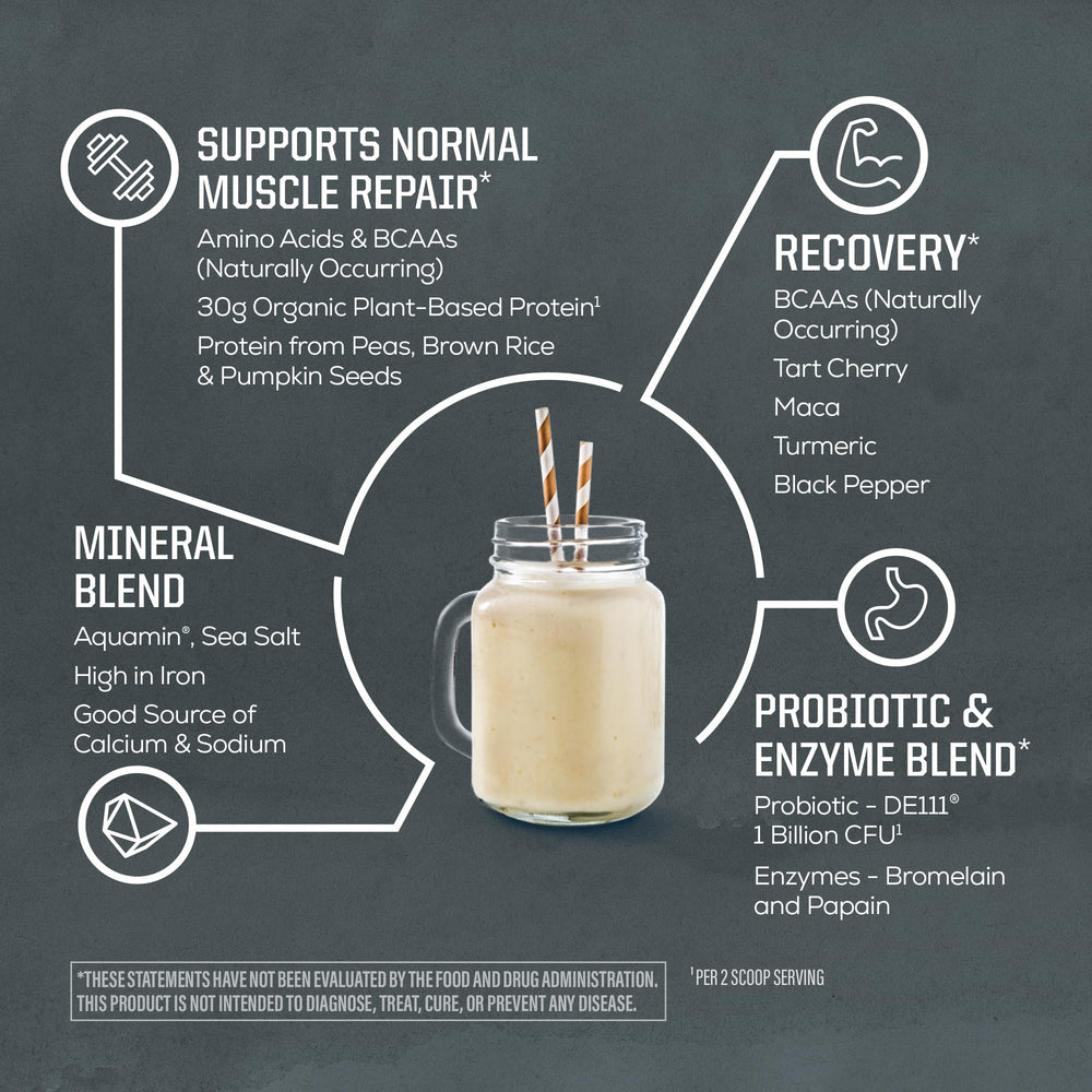 Sunwarrior Organic Protein Powder ingredients image featuring rice, pumpkin and pea proteins