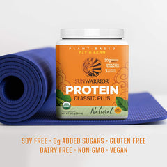 Sunwarrior organic protein powder label closeup emphasizing non-GMO, gluten-free, dairy-free attributes.