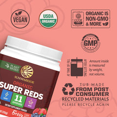 Sunwarrior Organic Super Reds acai pomegranate berries highlight polyphenols for everyday vitality.