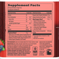 Sunwarrior Organic Super Reds berry blend scoop displays vibrant fruits for antioxidant support.