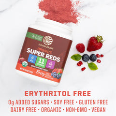Sunwarrior Organic Super Reds powder tub closeup emphasizes clean vegan organic credentials.