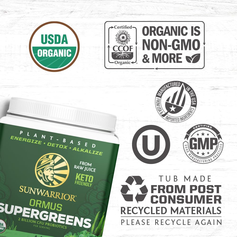 Sunwarrior Ormus Greens powder close-up showing organic texture.