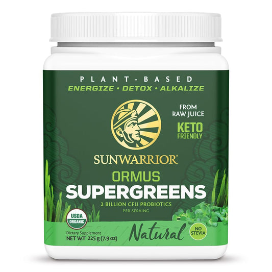 Sunwarrior Ormus Greens tub front view for easy daily greens boost.